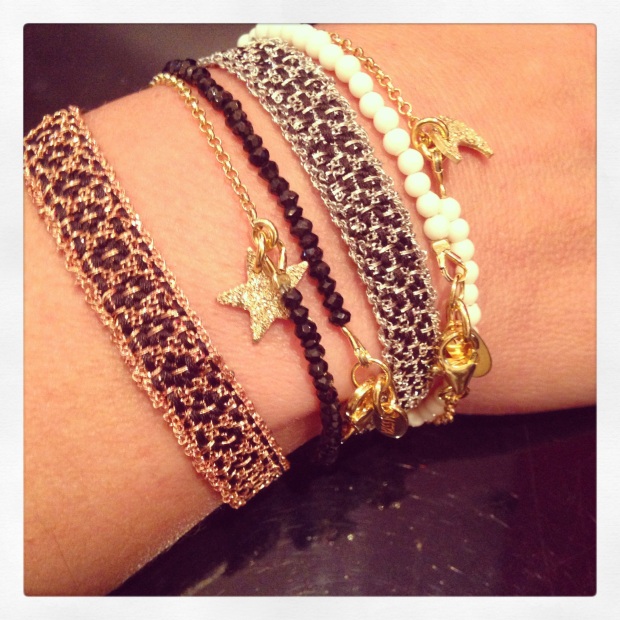 Monochrome stack with black Silk Weaved in silver and rose gold, and Simmer Moon and Star Baby Charms